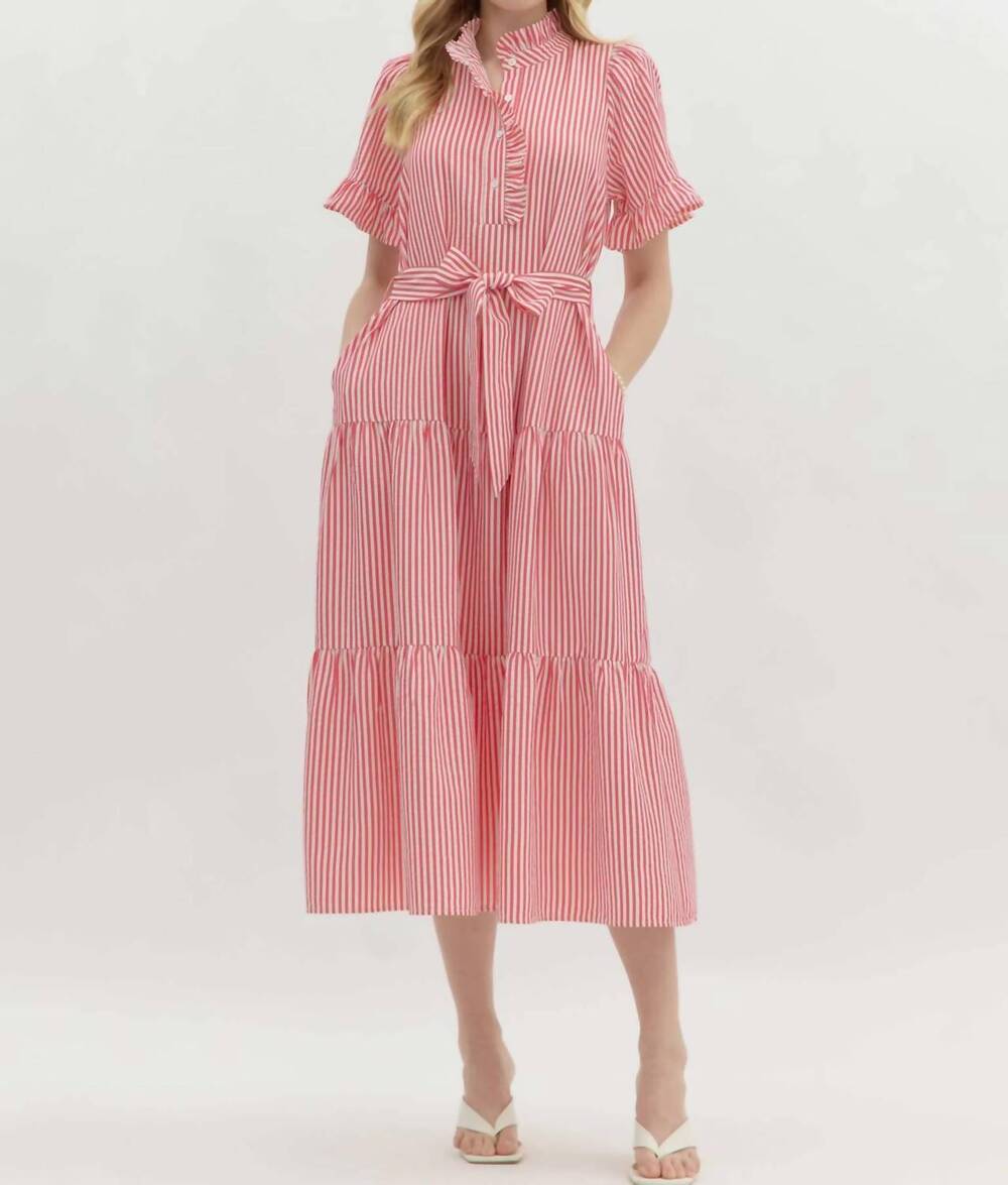 NEW ENTRO tiered skirt midi dress in pink and white striped